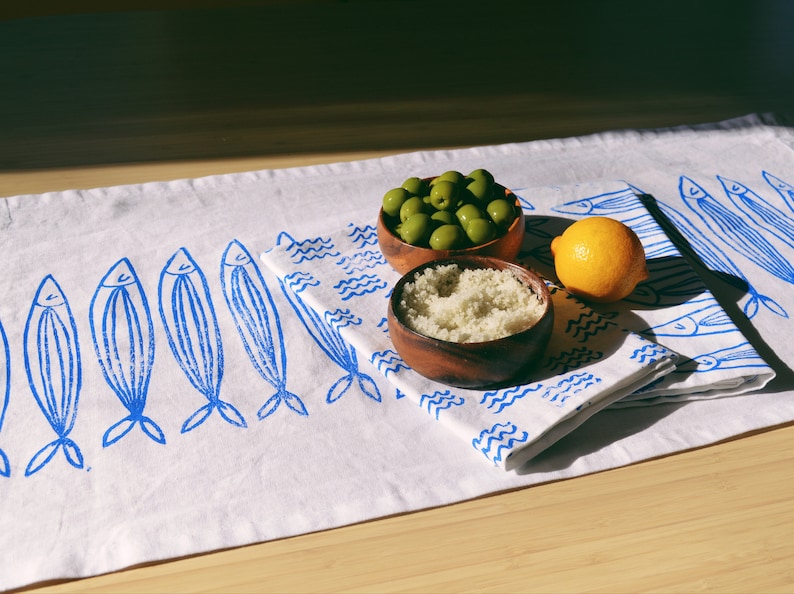 hand block printed table runner. sardines on white. boho decor. beach house. coastal. linen tablecloth. ocean. shore. fish. nautical. image 2