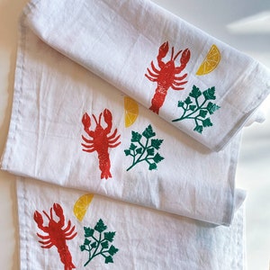 hand block printed table runner. lobster on white. boho decor. linen tablecloth. birthday or dinner party decor. image 1
