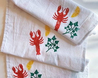 hand block printed table runner. lobster on white. boho decor. linen tablecloth. birthday or dinner party decor.