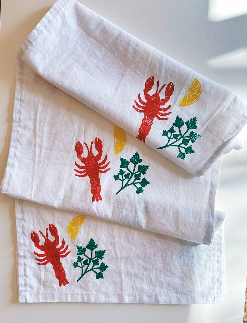 hand block printed table runner. lobster on white. boho decor. linen tablecloth. birthday or dinner party decor. image 1