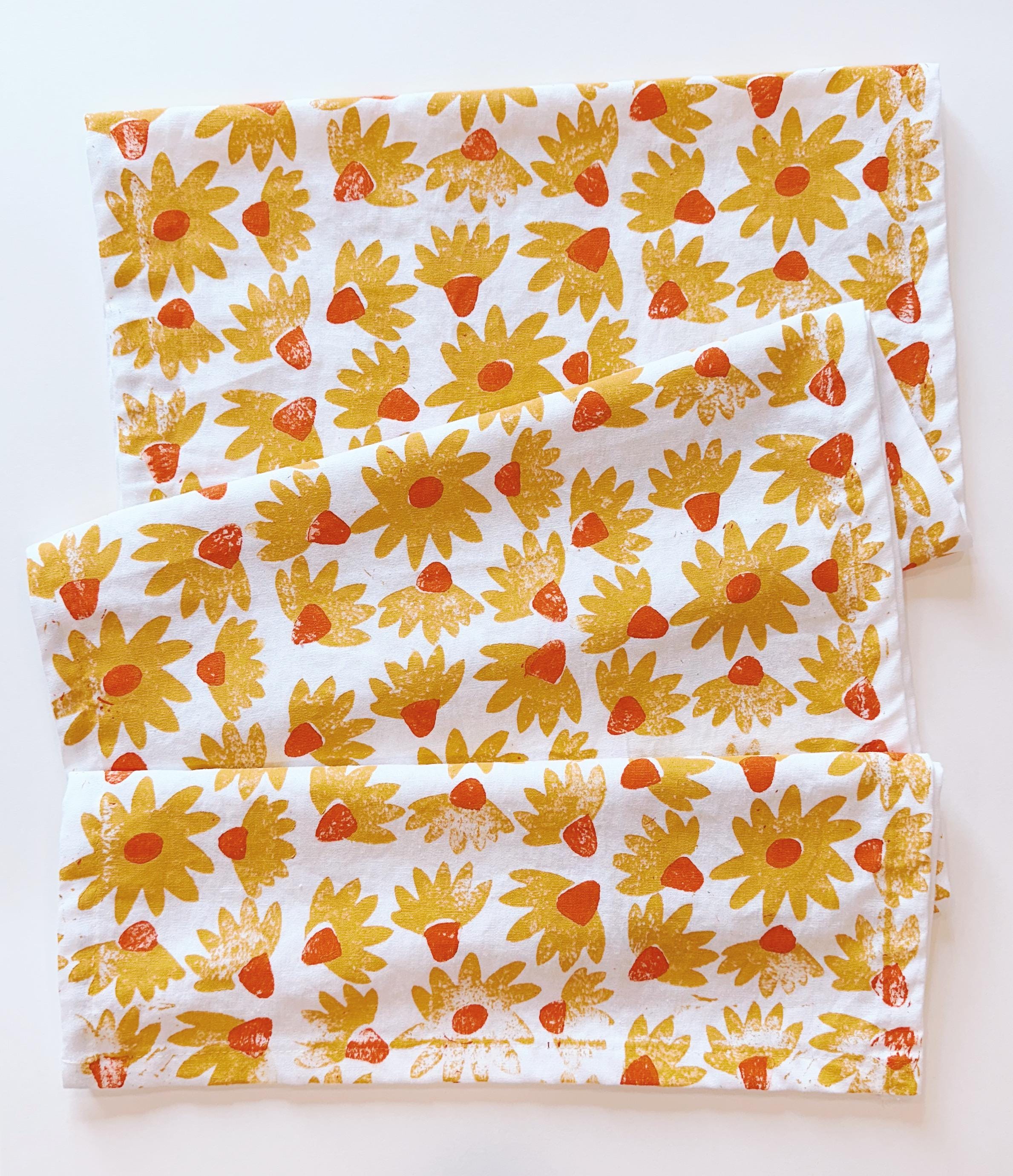 hand block printed table runner. coneflower on white. boho decor. linen tablecloth. birthday or dinner party decor. gardening. floral.