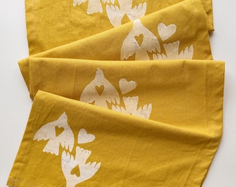hand block printed table runner. love birds on mustard yellow. boho decor. linen tablecloth. birthday dinner party. garden. vegetables.