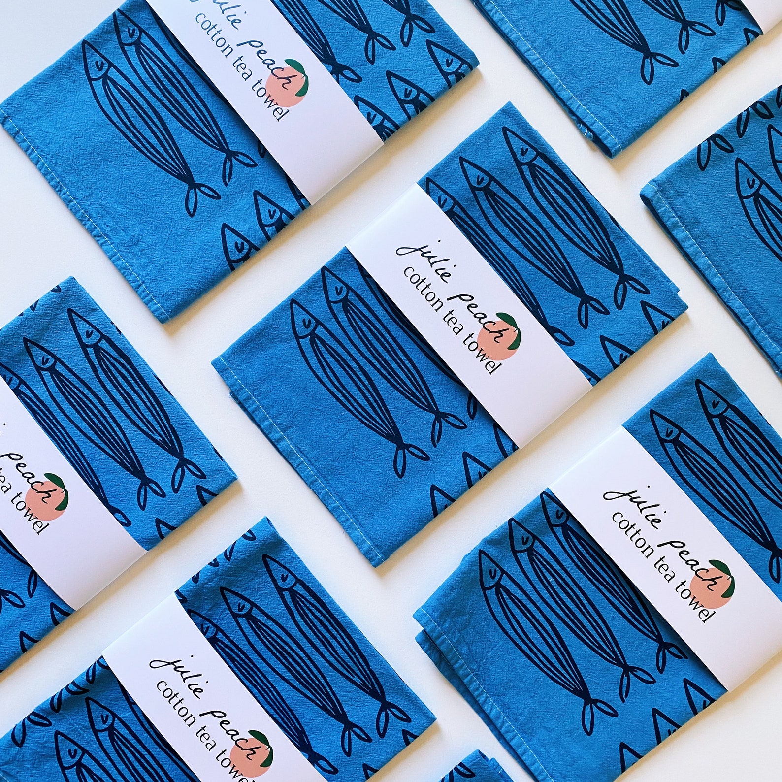 screen printed tea towel. sardines on blue. flour sack cotton kitchen towel. ecofriendly. boho home. hostess / mom. beach house coastal. - Single
