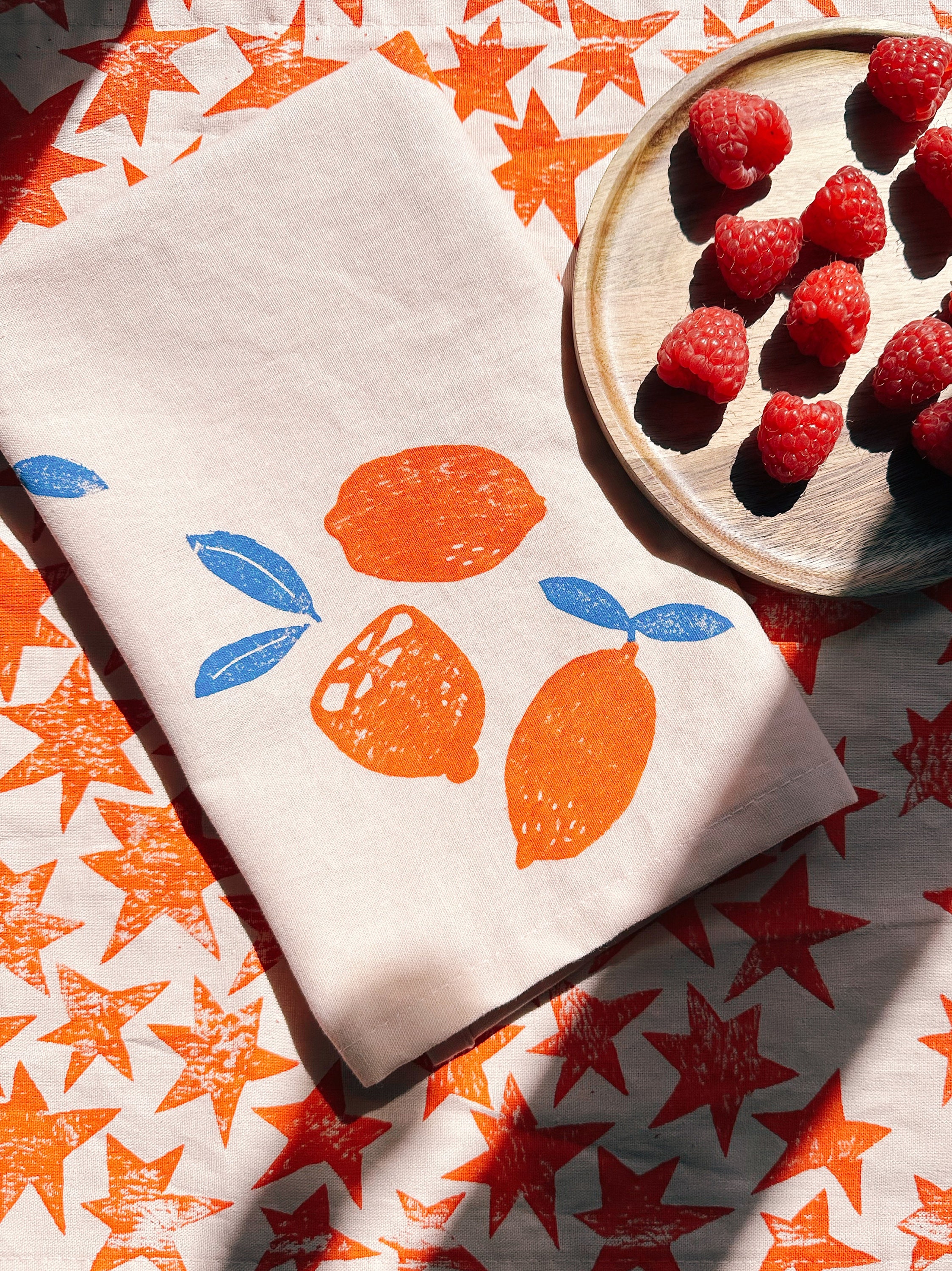 linen dinner napkins. oranges on blush. hand block printed. placemats / tea towel. vases. boho decor. hostess gifting.