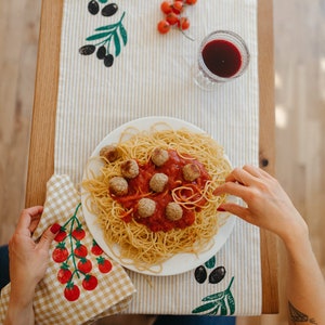 linen dinner napkins. tomatoes on gingham. hand block printed. placemats / tea towel. mustard. italy. boho home. hostess housewarming gift. image 5