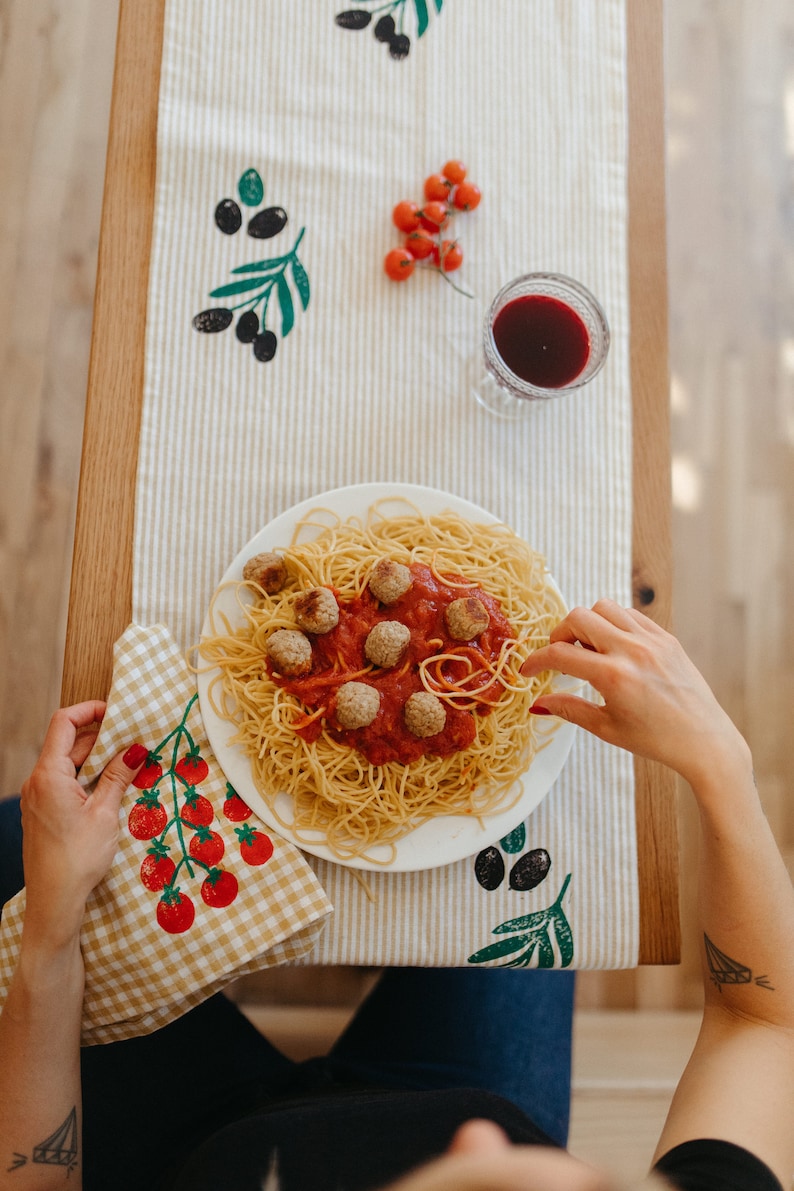 linen dinner napkins. tomatoes on gingham. hand block printed. placemats / tea towel. mustard. italy. boho home. hostess housewarming gift. image 5