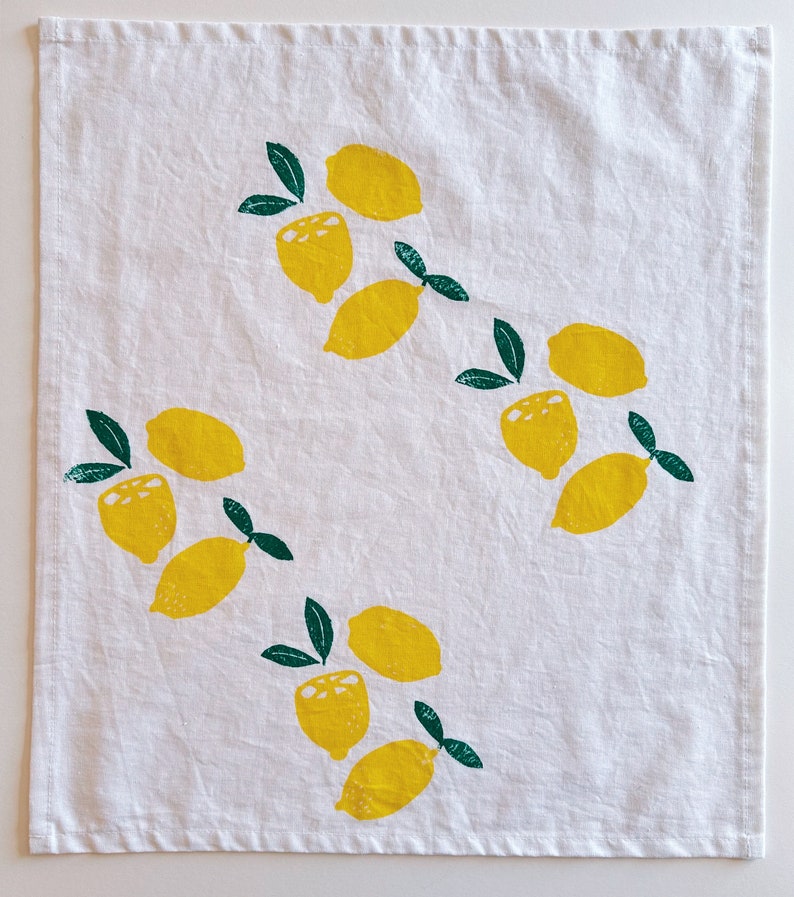 linen dinner napkins. lemons on white. hand block printed. placemats / tea towel. hostess gifting. birthday or dinner party decor. image 6