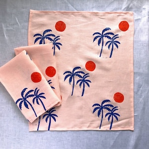 block printed linen napkins. palm sunset on pink.  placemats / image 2