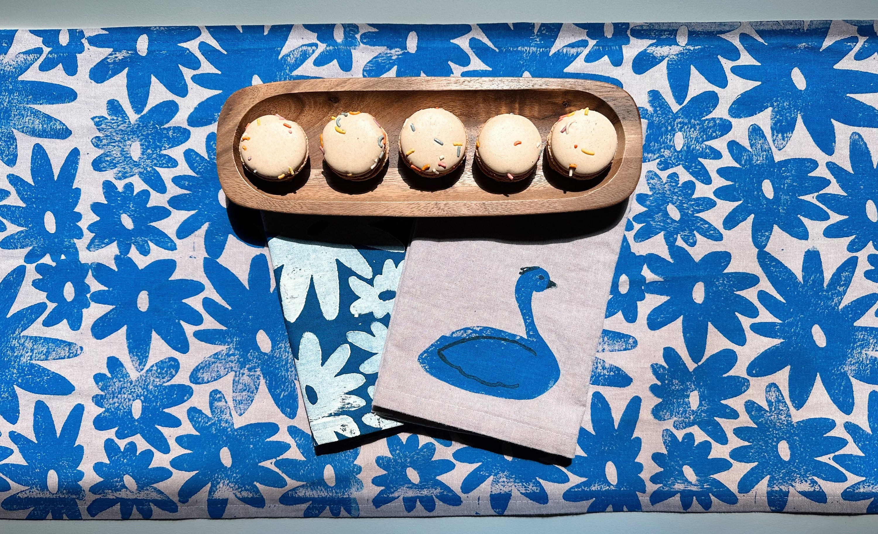 linen dinner napkins. swan on lavender. hand block printed. placemats / tea towel. coastal. boho decor. hostess or housewarming gift. birds.