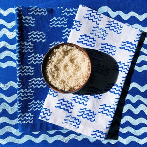 linen dinner napkins. blue mini waves. hand block printed. placemats / tea towel. coastal. boho decor. hostess gifting. image 3