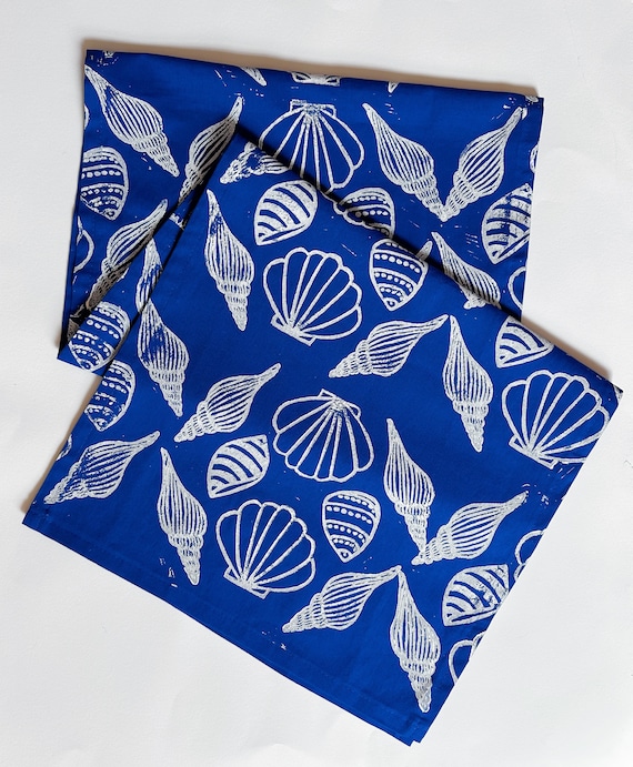 hand block printed table runner. shells on royal blue. boho decor. beach house. coastal. linen tablecloth. ocean. shore.
