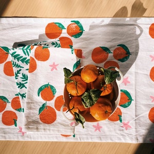 linen dinner napkins. white tangerines. hand block printed. placemats / tea towel. coastal. boho decor. hostess gifting. mother's day. image 2