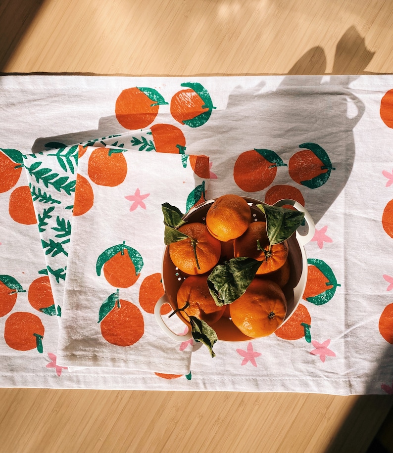 linen dinner napkins. white tangerines. hand block printed. placemats / tea towel. coastal. boho decor. hostess gifting. mother's day. image 2