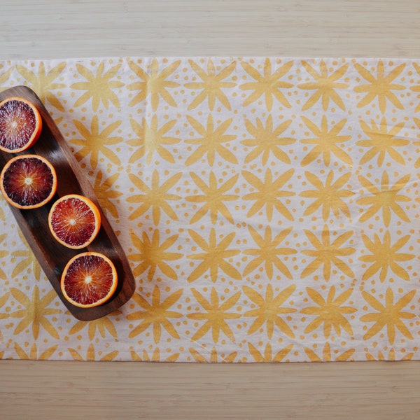 gilded floral dots. block printed linen table runner. entertaining. hostess gift. tablecloth. christmas. holiday decor. mod. ornament. gold.