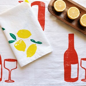 linen dinner napkins. lemons on white. hand block printed. placemats / tea towel. hostess gifting. birthday or dinner party decor. image 4