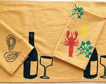 hand block printed table runner. wine on mustard. boho decor. linen tablecloth. birthday or dinner party decor.