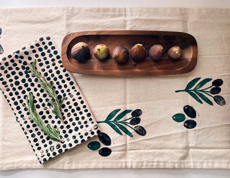 hand block printed linen table runner. olive toss. organic eco-friendly. boho decor. tablecloth. modern. thanksgiving / fall image 5