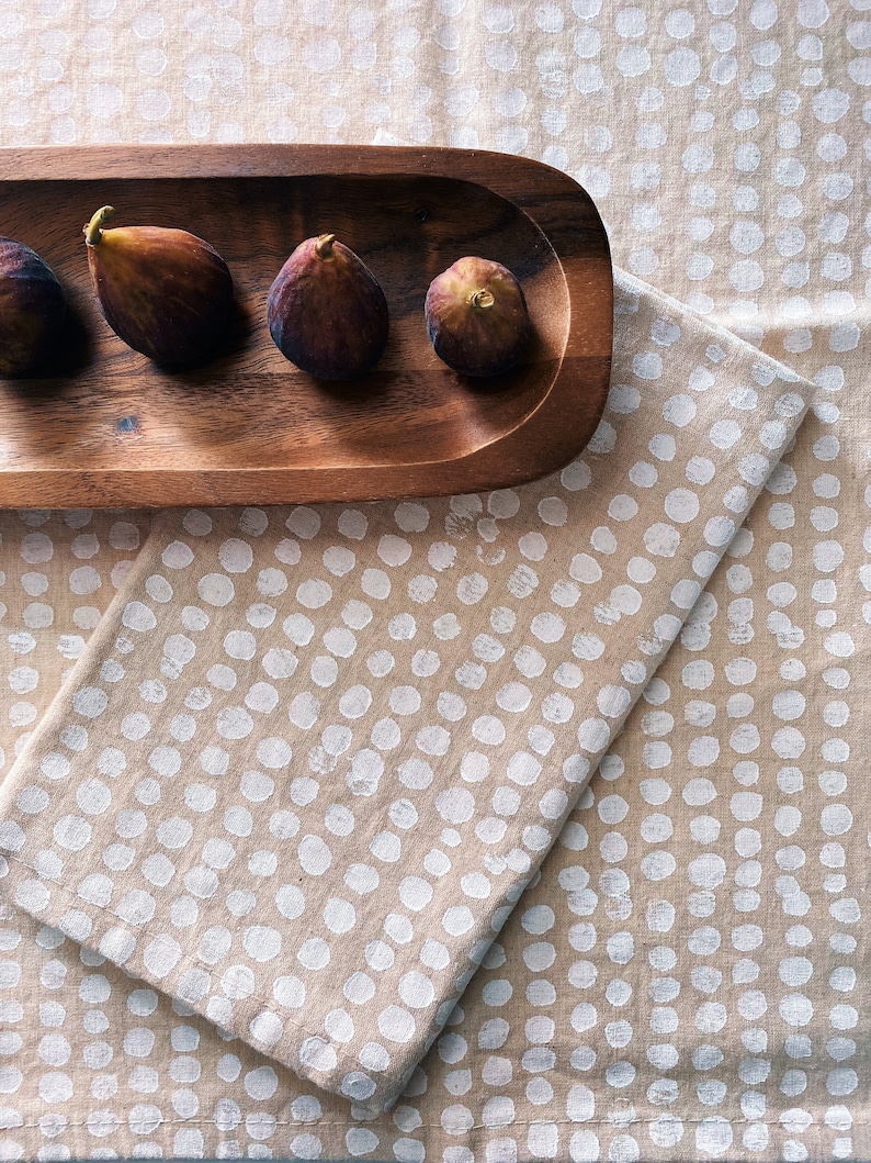 linen dinner napkin set. white pebbles. hand block printed. placemats / tea towel. hostess gift. polka dot. spring easter mother's day gift. image 1