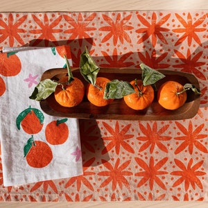 hand block printed table runner. floral dots on blush pink. boho decor. linen tablecloth. preppy beach house. abstract. orange. easter. image 3