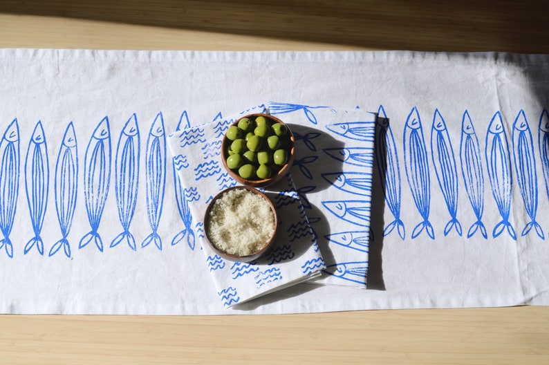 linen dinner napkins. white sardines. hand block printed. placemats / tea towel. coastal. boho decor. hostess gifting.