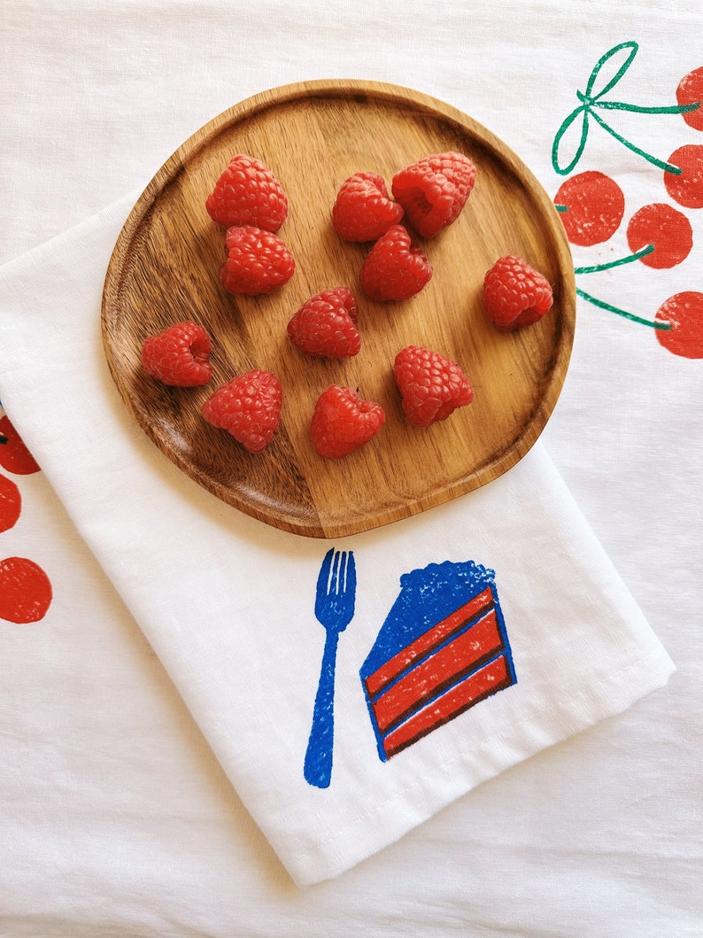 linen dinner napkins. cake on white. hand block printed. placemats / tea towel. boho decor. hostess gifting. birthday. sweet. image 1