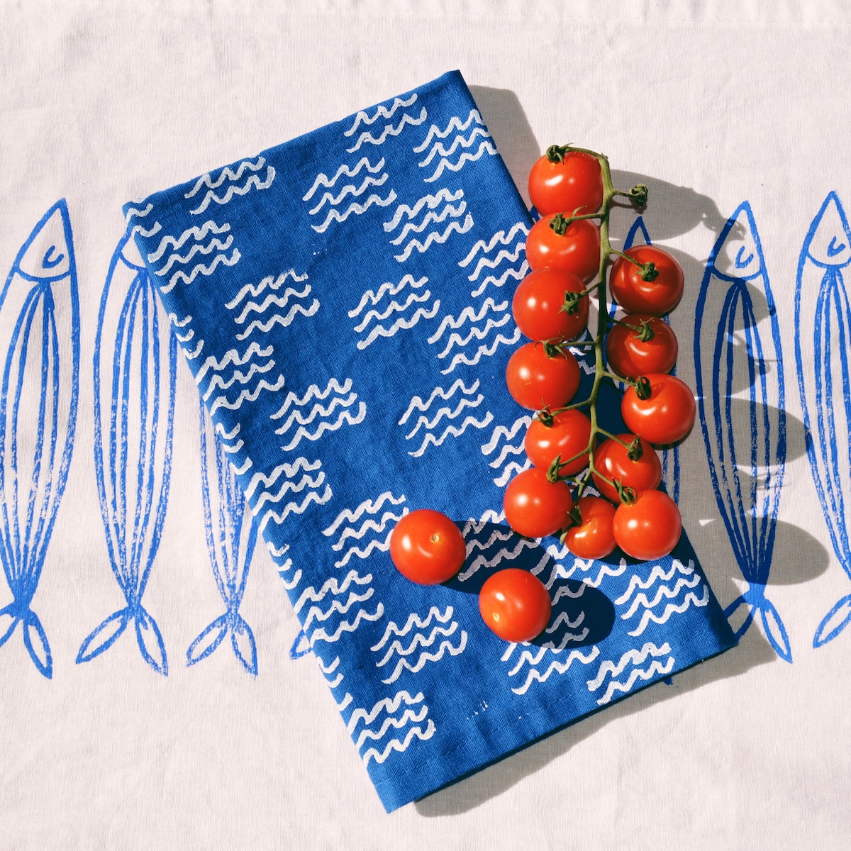Set of 8 Linen Dinner Napkins. Blue Mini Waves. Hand Block Printed. Placemats / Tea Towel. Coastal. Boho Decor. Hostess Gifting. - Set of 8