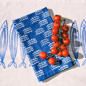 linen dinner napkins. blue mini waves. hand block printed. placemats / tea towel. coastal. boho decor. hostess gifting.