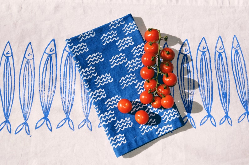 linen dinner napkins. blue mini waves. hand block printed. placemats / tea towel. coastal. boho decor. hostess gifting. image 1