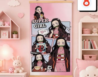 Puede incluir: Un tapiz vertical con fondo rosa que presenta varias ilustraciones de estilo caricatura de un personaje de pelo negro largo, con un kimono rosa estampado y un bozal de bambú verde. El texto SUPER GIRL y WOW!! está impreso en el cartel.