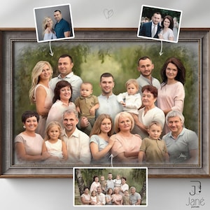 May include: A painting of a large family portrait with 18 people, including adults and children. The family is posed in a group, with the adults standing in the back and the children sitting in the front. The painting is done in a realistic style, with soft colors and a warm, inviting feel.