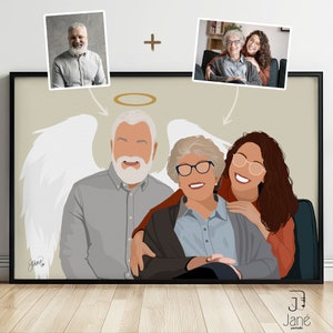 Retrato conmemorativo de la familia de dibujos animados, ilustración sin rostro de fotos fusionadas, regalo único del Día del Recuerdo, dibujo personalizado de un pariente perdido