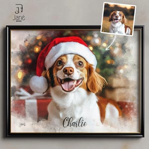 Fun Christmas Dog Portrait, Custom Canine With Xmas Hat Drawing, Personalized Puppy Lover Gift, Realistic Handmade Digital Image For Print