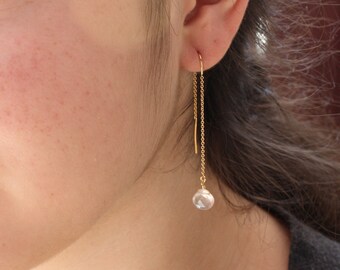 Rose Quartz Threader Earrings, Rose Quartz Modern Earrings, Pink Minimalist Chain Earrings, Dainty Pull Through Earrings, Boho, gift for her