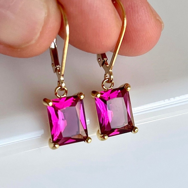 Tourmaline Quartz Earrings, October Birthstone, Hot Pink Rectangle Earrings in Gold or Silver, Fuchsia Quartz Baguette Drops, Jewelry Gift