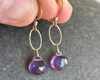 Amethyst Earrings, February Birthstone, Purple Teardrop Earrings Gold or Silver, Simple Everyday Dangle Drops, Dainty Delicate Gift for her