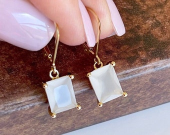 Moonstone Earrings, June Birthstone, White Emerald Cut Dangle Earrings in Gold or Silver, Elegant White Jewelry, Christmas Gift for women