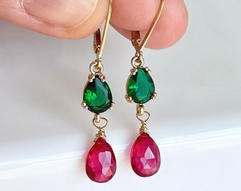 Emerald Quartz and Pink Topaz Earrings, Green and Fuchsia Dangle Earrings in Gold, Hot Pink Drop Earrings, Elegant Mother's Day Gift for her