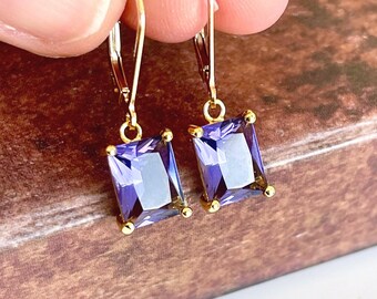 Amethyst Earrings, February Birthstone, Dark Purple Amethyst Emerald Cut Earrings in Gold or Silver, Rectangle prong set Drops, Gift for her