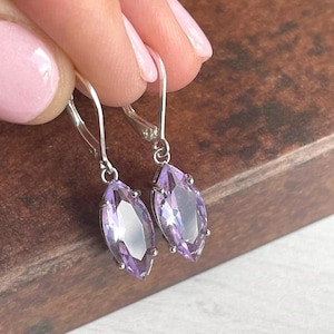 Pink Amethyst Earrings, February Birthstone, Lavender Marquise Earrings in Gold or Silver, Light Purple Prong Set Dangle Drop, Gift for her