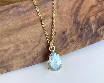 Aquamarine Necklace, March Birthstone, Tiny Light Blue Teardrop Pendant in Gold, Minimalist Layering Necklace, Blue Jewelry Mom of Boy Gift