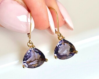 Amethyst Earrings, February Birthstone, Purple Teardrop Dangle Drops in Gold or Silver, Small Lavender Earrings, February Gift Idea for her