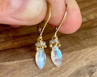 Rainbow Moonstone and Diamond Minimalist Earrings, June Birthstone, Tiny Flashy Moonstone Marquise Earrings in Gold or Silver, Holiday Gift