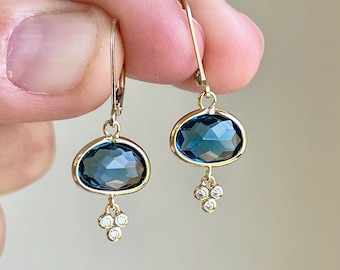 Blue Topaz Earrings, Oval Navy Blue Earrings Gold or Silver, Dainty  Drops, London Blue Topaz December Birthstone, Dark Blue Jewelry Gift