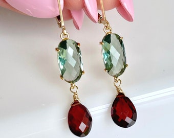 Green Topaz and Garnet Earrings, January Birthstone, Green and Red Elongated Statement Earrings in Gold or Silver, Christmas Gift for women