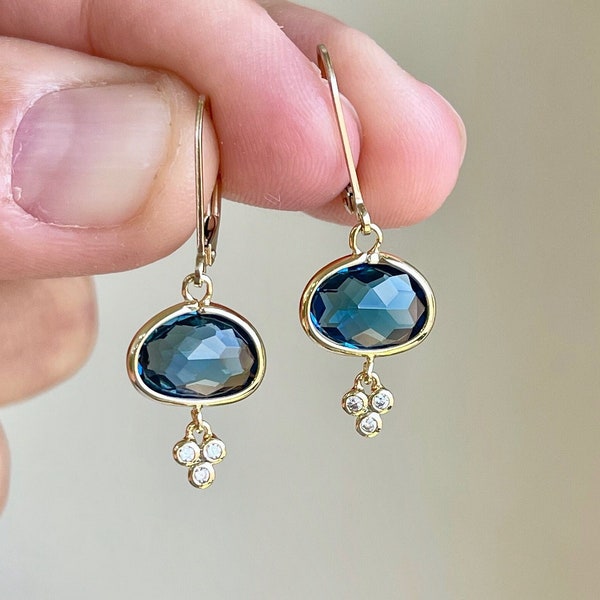 Blue Topaz Earrings, Oval Navy Blue Earrings Gold or Silver, Dainty  Drops, London Blue Topaz December Birthstone, Dark Blue Jewelry Gift
