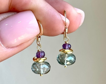 Green Topaz and Amethyst Earrings, Tiny Teal and Purple Earrings, Minimalist Gold or Silver Dangle Drops, Small Delicate, Gift for women