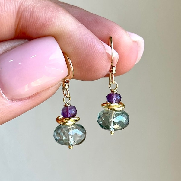 Green Topaz and Amethyst Earrings, Tiny Teal and Purple Earrings, Minimalist Gold or Silver Dangle Drops, Small Delicate, Gift for women