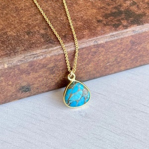 Turquoise Necklace, Copper Turquoise Teardrop Pendant, December Birthstone, Jewelry in Gold or Silver, Blue Layering Necklace, Gift for her