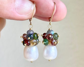 Watermelon Tourmaline and Pearl Statement Earrings, October Birthstone, Multicolor and White Pearl Clusters in Gold or Silver, Gift for her
