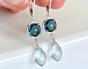 Aquamarine and Blue Topaz Earrings, March Birthstone, Elegant London Blue Topaz Statement Earrings Gold or Silver, Blue Mother's Day Gift